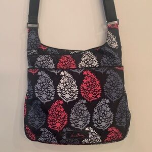 Vera Bradley black fabric with pink, gray & white design/webbed strap crossbody